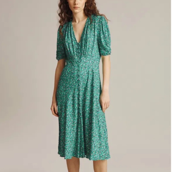 Ghost London Dresses & Skirts - Ghost London size M Sabrina dress green ditsy floral buttoned puff sleeve midi